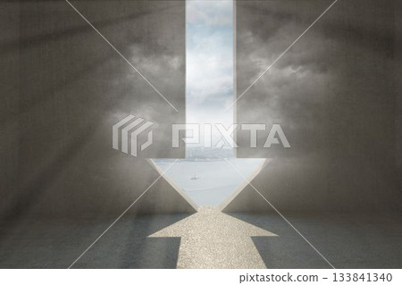 3D render is showing arrow-shaped aperture in concrete chamber, casting bright beam onto floor 3D render is showing arrow-shaped aperture in concrete chamber, casting bright beam onto floor 133841340