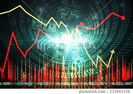 Flat design showing red and yellow charts with red bars on green binary background showing figures Flat design showing red and yellow charts with red bars on green binary background showing figures 133841356