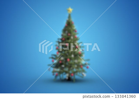 Evergreen tree is standing in flat design with blue backdrop, red ornaments lights glowing star 133841360