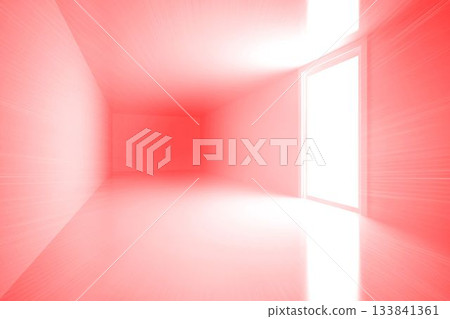 Flat design is showing red corridor stretching into depth with glowing white doorway portal 133841361