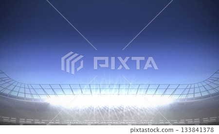 Flat design floodlights and roof supports are casting radiant glow over stands under gradient sky 133841378