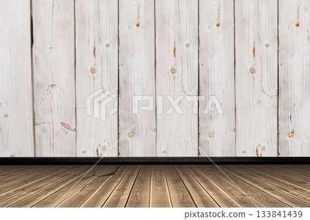 Flat design is showing empty studio with whitewashed wooden wall and brown plank floor, copy space 133841439