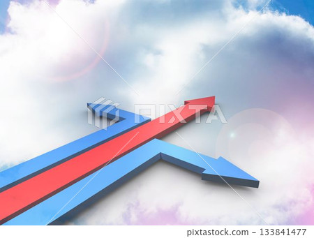 Red and blue arrows pointing against sky 133841477