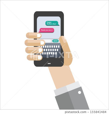Image of hand holding smartphone with social media messages on white background Image of hand holding smartphone with social media messages on white background 133841484