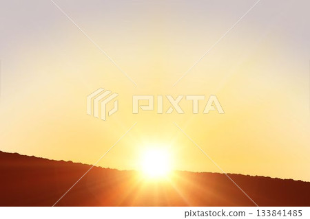 Sunrise is unfolding over jagged ridge in flat design, beams are illuminating sky with golden light Sunrise is unfolding over jagged ridge in flat design, beams are illuminating sky with golden light 133841485