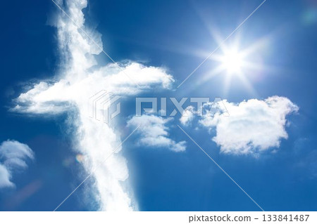 Cross shaped cloud formation is floating in flat design sky with sun rays and lens flare Cross shaped cloud formation is floating in flat design sky with sun rays and lens flare 133841487