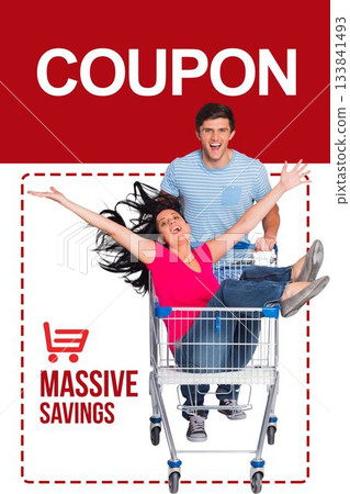 Couple is riding inside shopping cart as partner is pushing in flat design, with coupon signage Couple is riding inside shopping cart as partner is pushing in flat design, with coupon signage 133841493