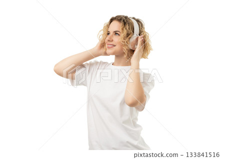Smiling woman with headphones on, isolated on white, PNG Smiling woman with headphones on, isolated on white, PNG 133841516