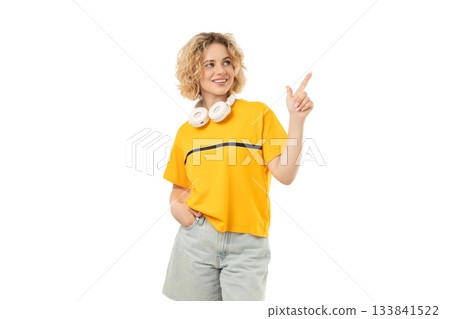 Happy woman in trendy clothes and headphones, isolated on white, PNG Happy woman in trendy clothes and headphones, isolated on white, PNG 133841522