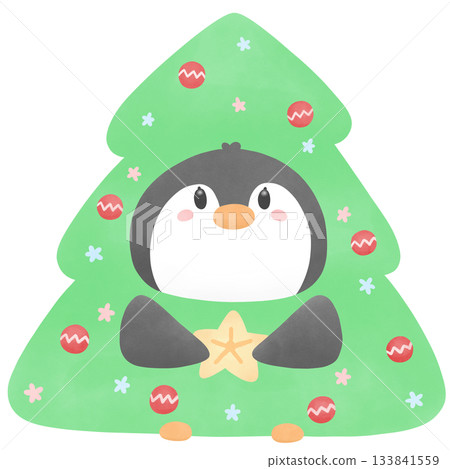 Penguin Wearing A Christmas Tree Costume - Watercolor 133841559