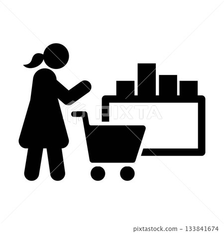 Shopping icon pictogram customer comparing products with cart in shop glyph vector illustration Shopping icon pictogram customer comparing products with cart in shop glyph vector illustration 133841674