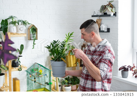 A man takes care of home-made potted plants on the shelves, waters from a watering can, his business 133841915