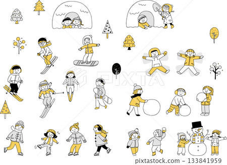 A set of monochrome illustrations of children enjoying skiing and playing in the snow A set of monochrome illustrations of children enjoying skiing and playing in the snow 133841959