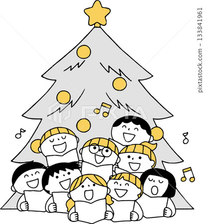 孩子們在聖誕樹前唱歌，黑白照片 133841961