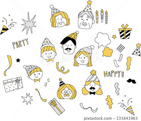 Set of people enjoying a party and icons in monochrome Set of people enjoying a party and icons in monochrome 133841963