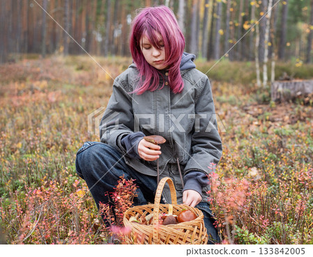 Girl foraging wild mushrooms in autumn forest 133842005