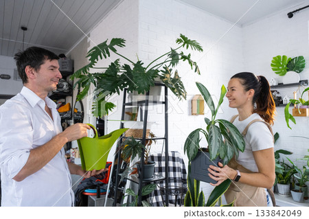 A man and a woman take care of home potted plants on the shelves, watering from a watering can, homeplants care service A man and a woman take care of home potted plants on the shelves, watering from a watering can, homeplants care service 133842049