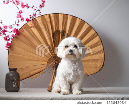 一幅馬爾濟斯犬的肖像，周圍環繞著日式傘和梅花。 133842084