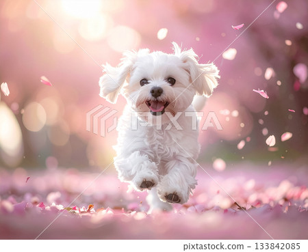 笑容燦爛的馬耳他犬在櫻花花瓣間奔跑 笑容燦爛的馬耳他犬在櫻花花瓣間奔跑 133842085
