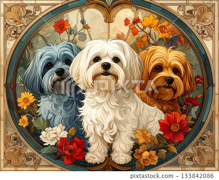 Artwork of three Maltese dogs surrounded by flowers 133842086