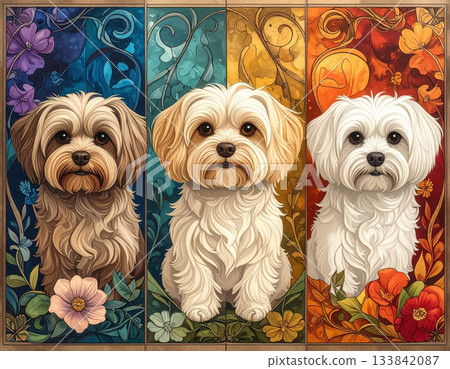 Decorative art of three Maltese dogs surrounded by flowers 133842087