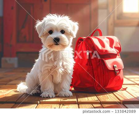 一隻背著紅色背包的馬爾濟斯犬的可愛肖像 133842089