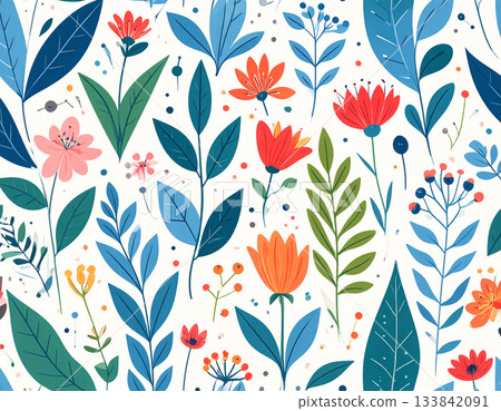 色彩繽紛的花葉植物無縫圖案 色彩繽紛的花葉植物無縫圖案 133842091