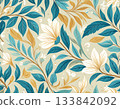 以藍色和金色花朵和葉子為特色的植物圖案背景。 133842092