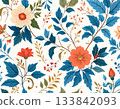 以藍色葉子和紅色花朵為特色的植物圖案背景。 133842093