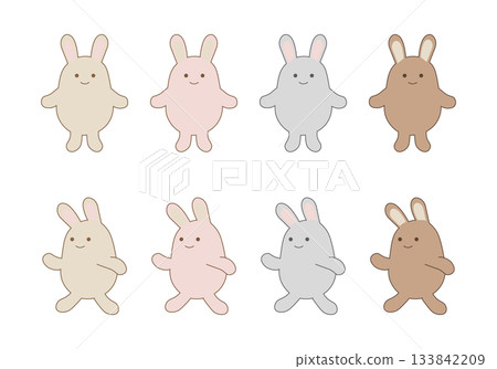 一套簡潔輕鬆的兔子圖標，包含灰褐色、暗粉色和其他四種顏色（站立和行走），背景透明。 133842209