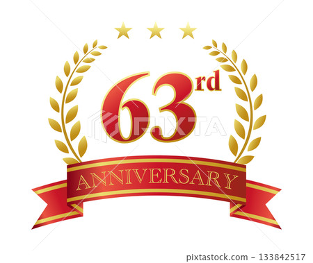 63週年紀念圖示。紅色絲帶和裝飾框。 63週年紀念圖示。紅色絲帶和裝飾框。 133842517