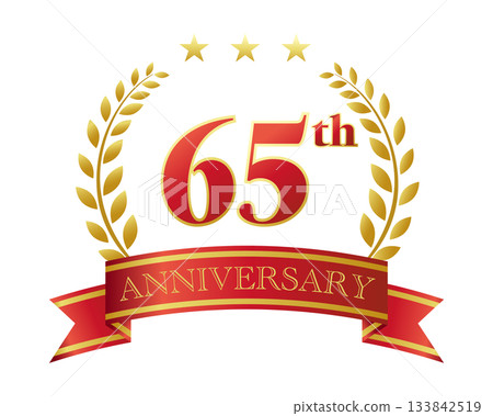 65週年紀念圖示。紅色絲帶和裝飾框。 65週年紀念圖示。紅色絲帶和裝飾框。 133842519
