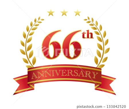 66th anniversary icon. Red ribbon and decorative frame. 133842520
