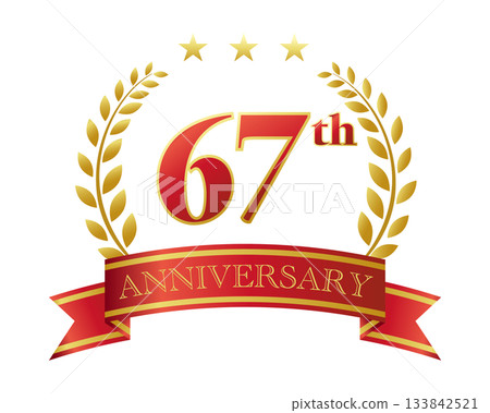 67th anniversary icon. Red ribbon and decorative frame. 133842521