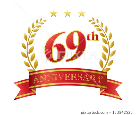 69週年紀念圖示。紅色絲帶和裝飾框。 69週年紀念圖示。紅色絲帶和裝飾框。 133842523