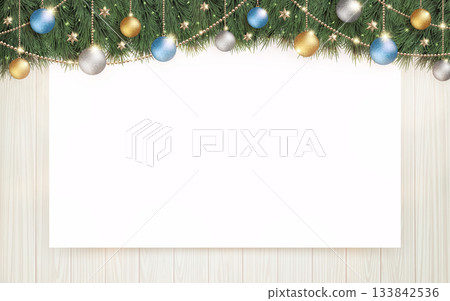 Light shining Christmas tree and plain white board on white wood grain background 133842536