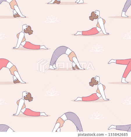 Girl Yoga Seamless Pattern. Cute sportswoman Doing Stretching and Pilates Poses on light pink background. Pastel Hand-Drawn Doodle. Vector Illustration for prints, textiles and designs. Not AI Girl Yoga Seamless Pattern. Cute sportswoman Doing Stretching and Pilates Poses on light pink background. Pastel Hand-Drawn Doodle. Vector Illustration for prints, textiles and designs. Not AI 133842685