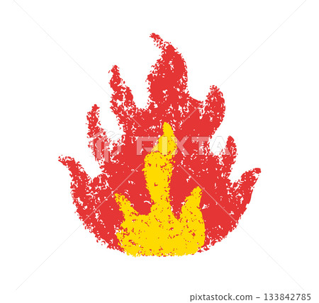 Doodle fire in crayon style. Hand drawn flame with grunge texture. Graphic element for fun collage, sticker. Crayon doodle red and yellow fire. Vector pencil illustration isolated on black background Doodle fire in crayon style. Hand drawn flame with grunge texture. Graphic element for fun collage, sticker. Crayon doodle red and yellow fire. Vector pencil illustration isolated on black background 133842785