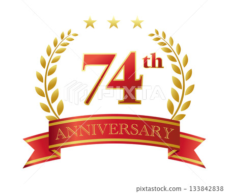 74週年紀念圖標。紅色絲帶和裝飾框。 133842838