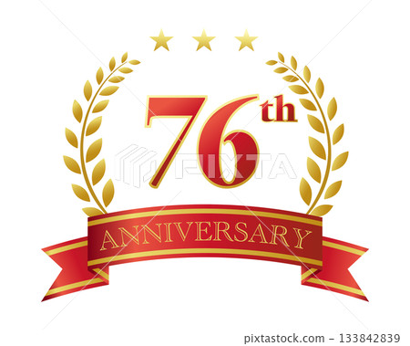 76週年紀念圖標。紅色絲帶和裝飾框。 133842839