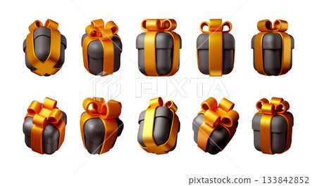 3D Dark gift box with golden ribbon. 133842852