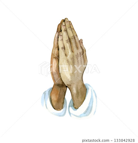 Watercolor praying hands symbolizing faith, hope and devotion. Gentle colors create a peaceful spiritual mood. Perfect for Christian materials, religious prints, prayer cards, church graphics and 133842928