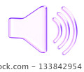 Purple glassmorphism style speaker icon with smooth sound wave lines, designed with soft lighting and glossy edges for modern audio or multimedia UI themes 133842954