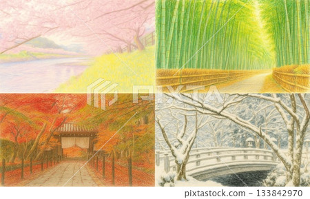 Illustration set of Japanese seasonal landscapes (spring, summer, autumn, winter) drawn in colored pencil style Illustration set of Japanese seasonal landscapes (spring, summer, autumn, winter) drawn in colored pencil style 133842970