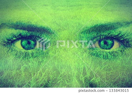 Green eyes and dark brows are blending into dense grass blades in surreal flat design illustration Green eyes and dark brows are blending into dense grass blades in surreal flat design illustration 133843015