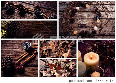 Flat design collage is showcasing wreath with candles and pinecones on rustic tabletop 133843017