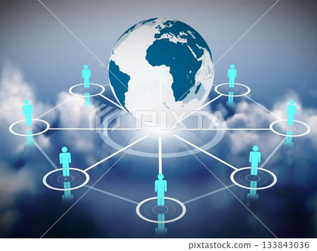 Human figures surrounding earth graphic 133843036