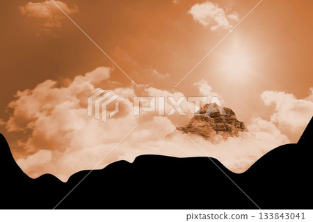 Mountain summit is rising above dense cloud layer in sepia-toned flat design, showing bright sun 133843041