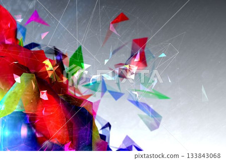 Colorful low-poly shards are clustering on grey gradient backdrop flat design with network lines 133843068