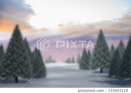 Flat design is showing evergreens in rows around snowy clearing under sunset clouds 133843129